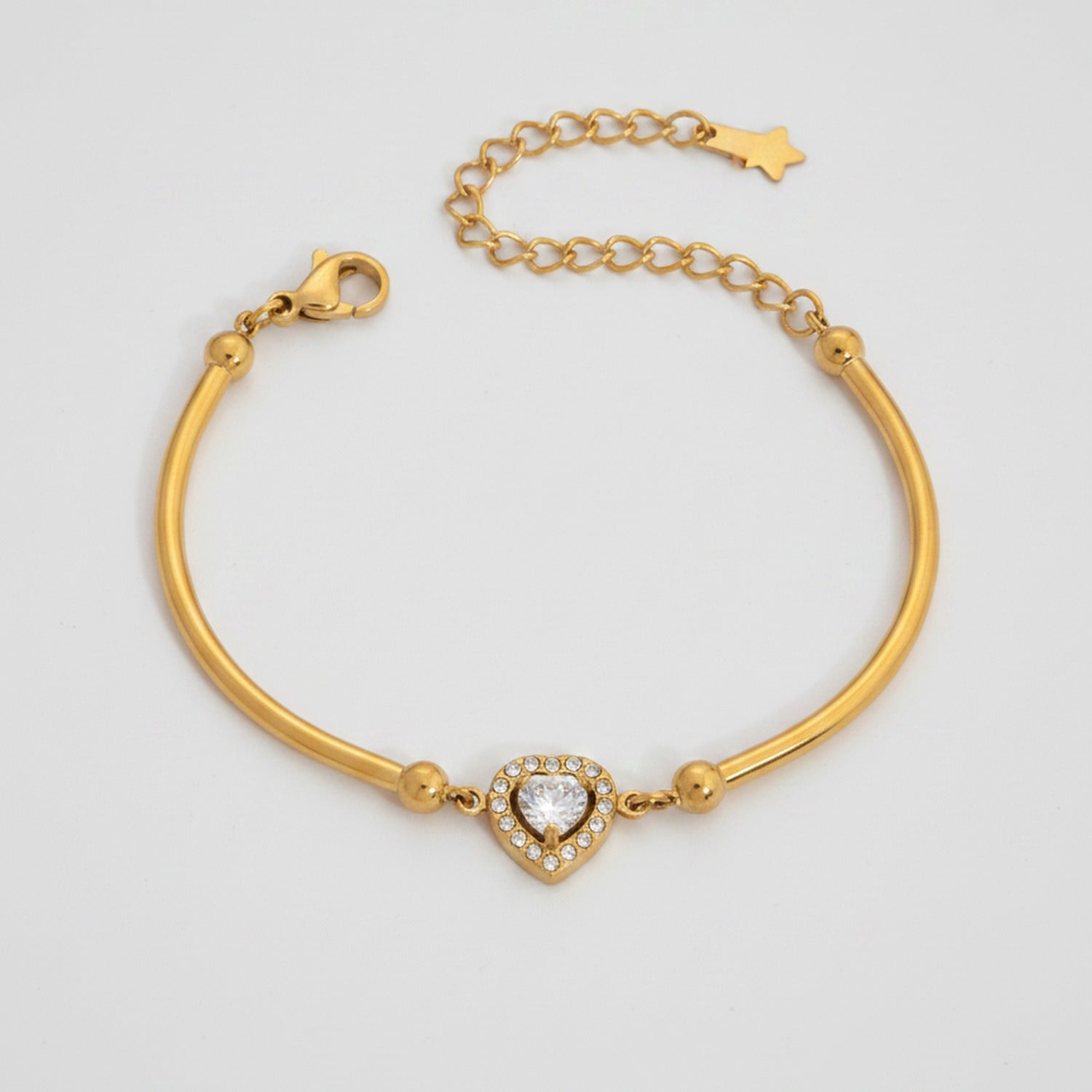 Gold Heart Rhinestone Bangle Bracelet With Chain