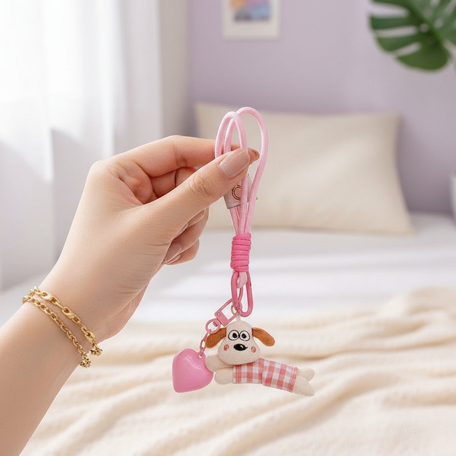 Pink Puppy Heart Charm Keychain With Carabiner