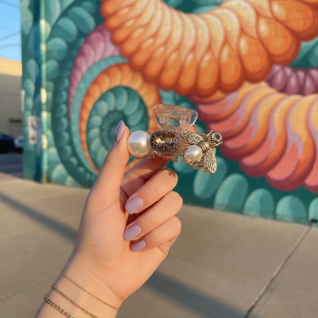 Pearl Bee Charm Gold Hair Claw Clip