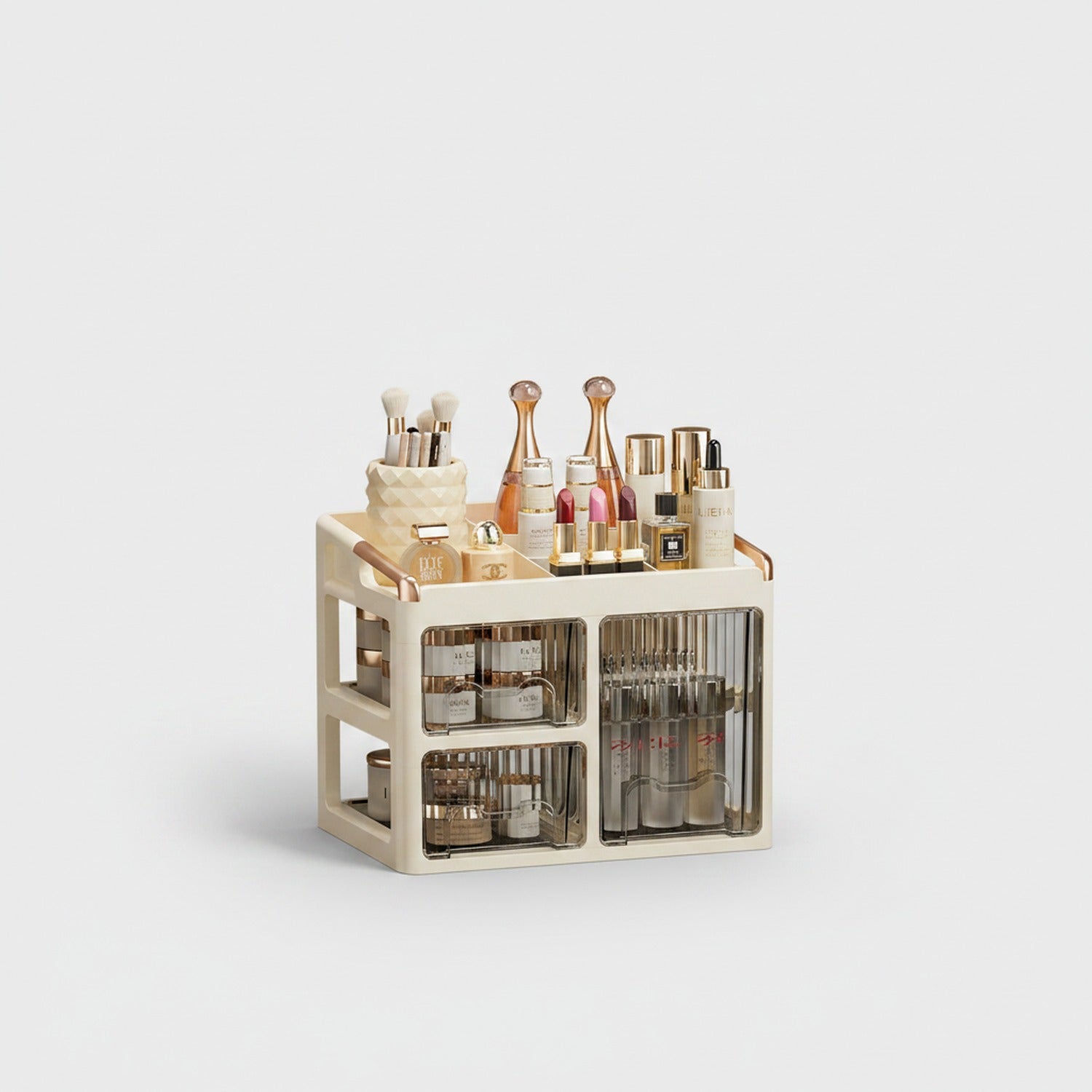 Cream Rotating Cosmetic Organizer with Glass Doors