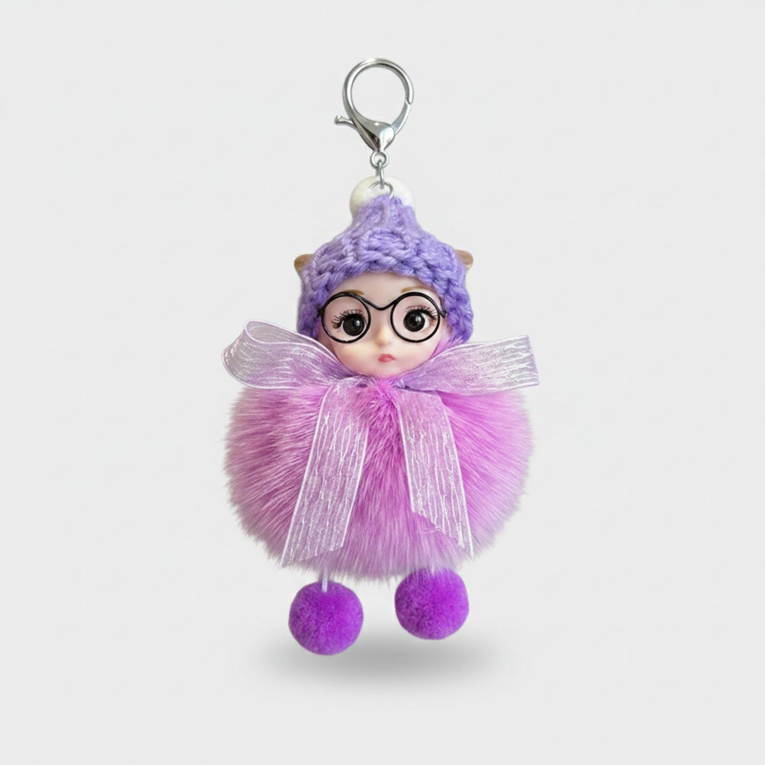Pink Fuzzy Doll Keyring With Glasses Charm