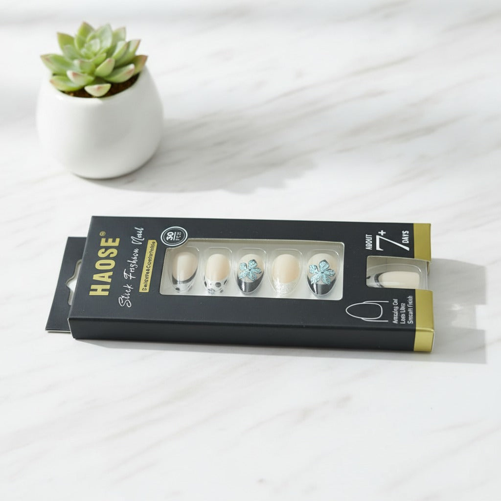 Botanical Press-On Nail Set - Teal Floral Mix