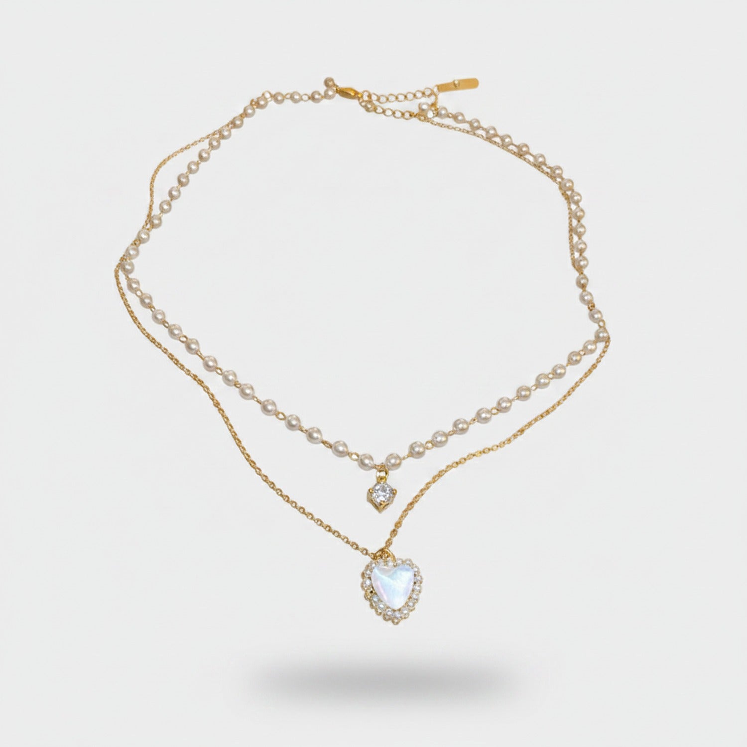 Double Strand Pearl Necklace with Rhinestone Pendant