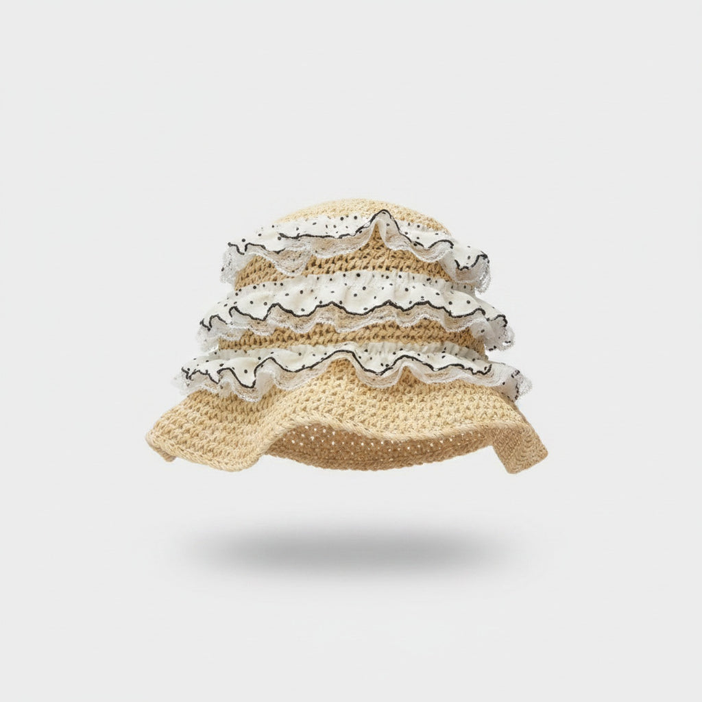 Wavy Ruffle Knit Bucket Hat With Lace Trim