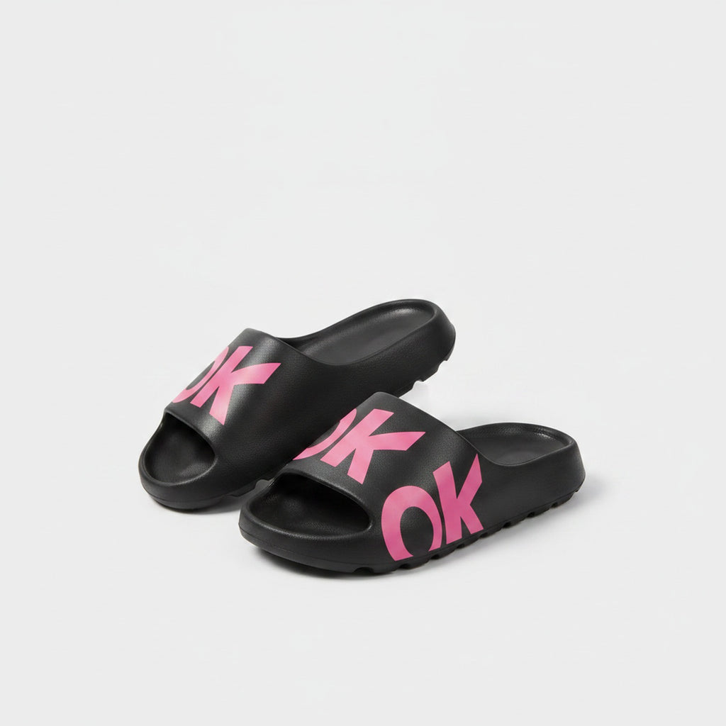 OK Slide Slippers Black With Pink Text