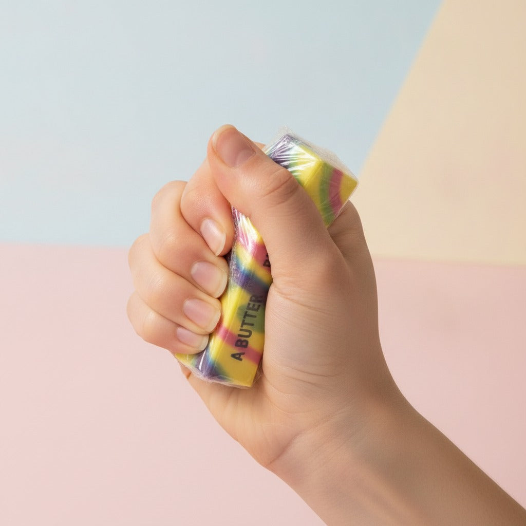 Rainbow Swirl Salted Butter Sticks - squeeze in hand