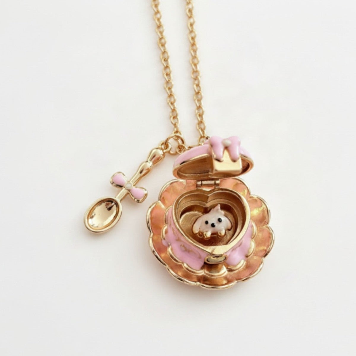 Flower Heart Locket Charm Necklace - Pink Teacup Locket Necklace – jewelry (view 1)