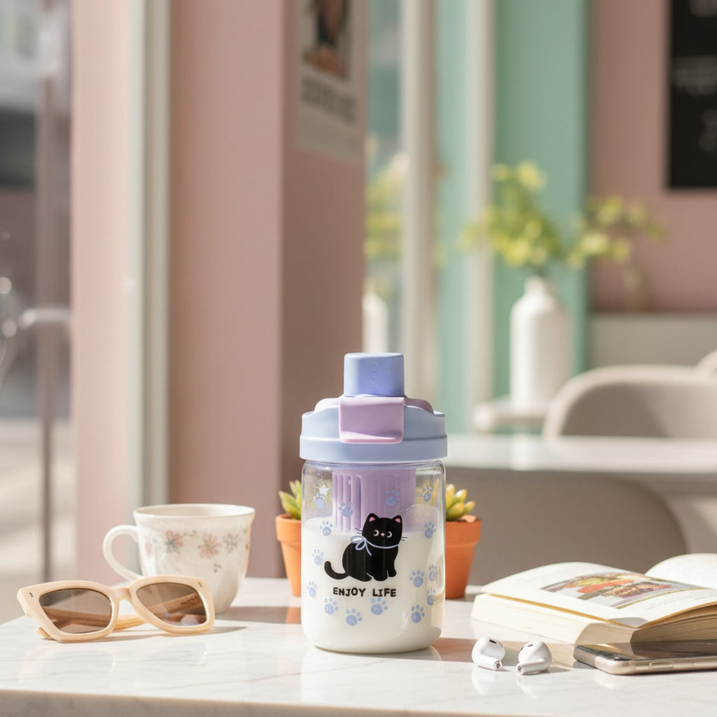 Black Cat Paw Print Water Bottle With Handle