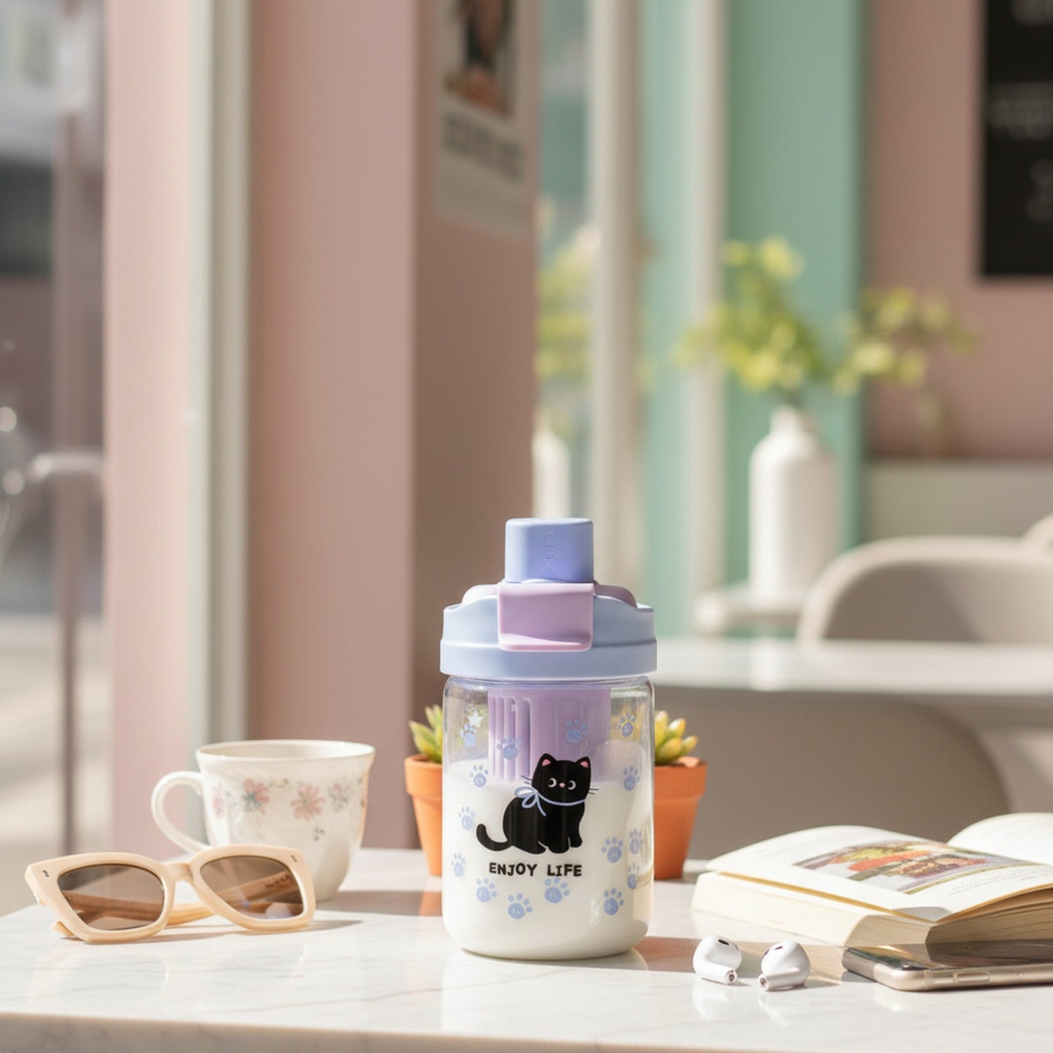 Black Cat Paw Print Water Bottle With Handle