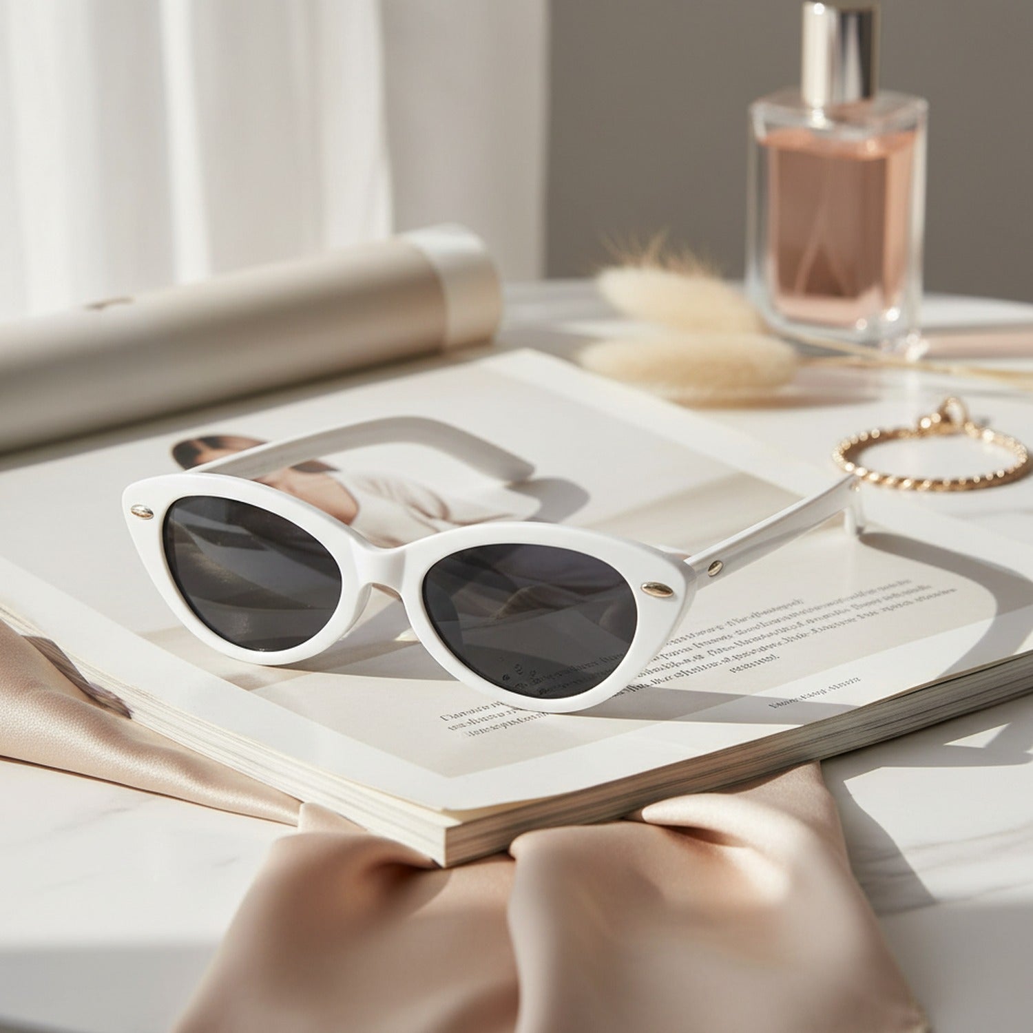 White Cat Eye Sunglasses With Gold Detail