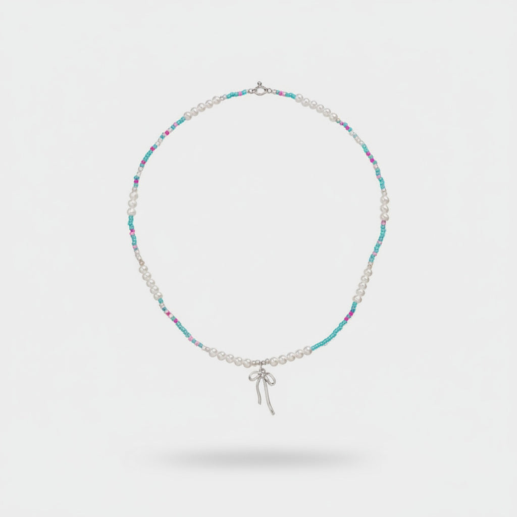 Beaded Pearl Charm Pendant Necklace - Pearl & Aqua Mix