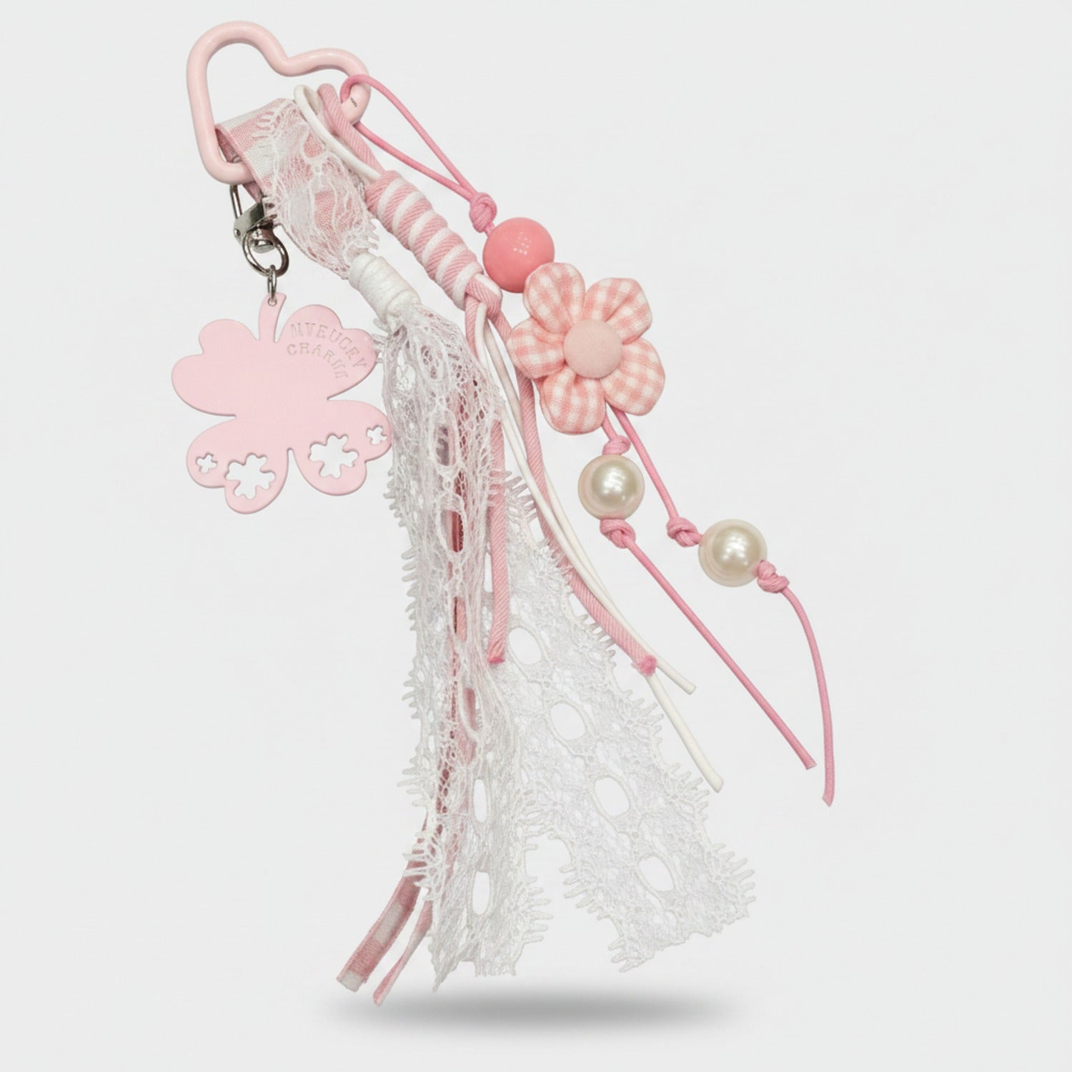 Pink Floral Lace Keyring With Pearl Charms