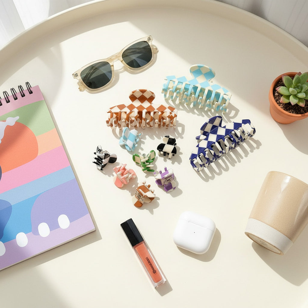 Checkered Hair Claws Colorblock Set Pack