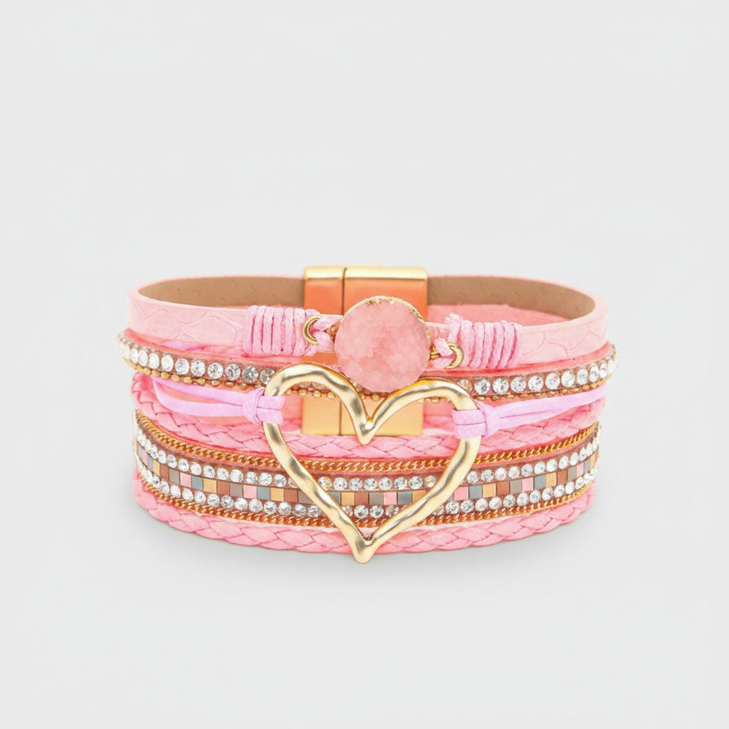 Pink Leather Heart Rhinestone Multi-Strand Bracelet