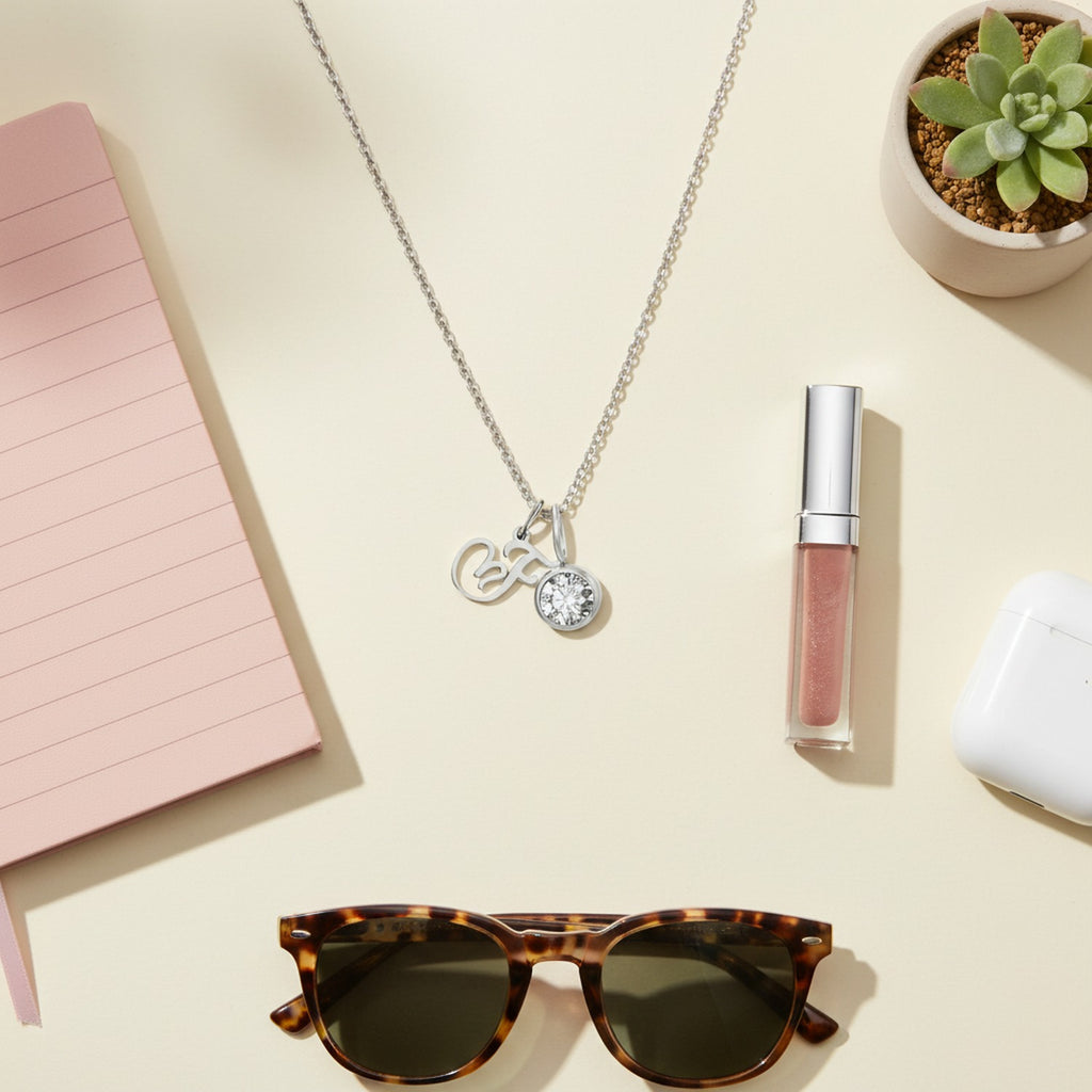 Silver Crystal Charm Pendant Chain Necklace