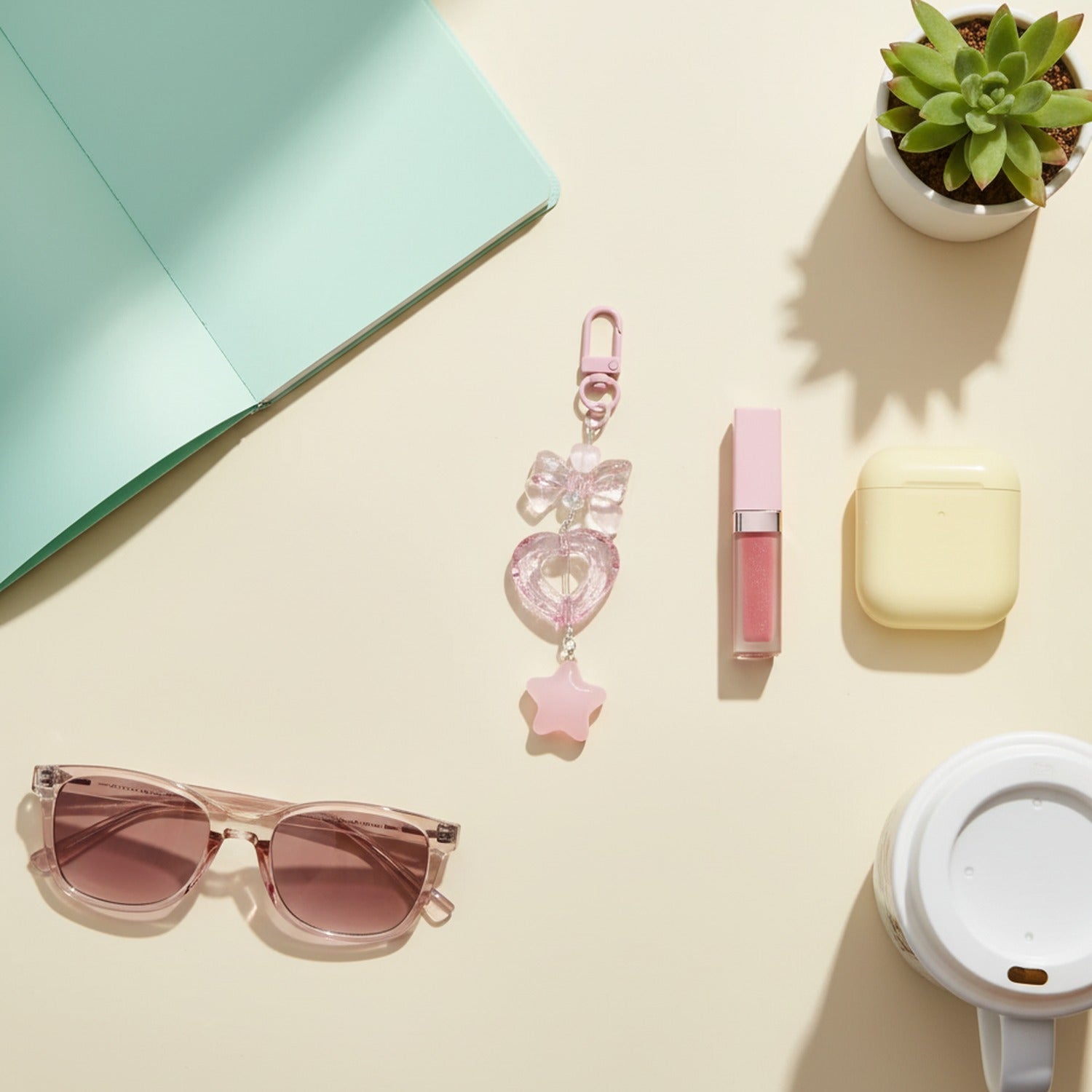 Pink Acrylic Heart Bow Star Keychain Charm