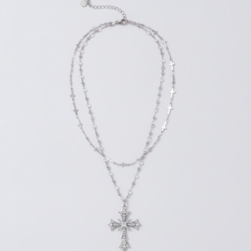 Layered Cross Crystal Pendant Necklace - Silver