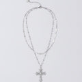 Layered Cross Crystal Pendant Necklace - Silver