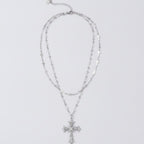 Layered Cross Crystal Pendant Necklace - Silver