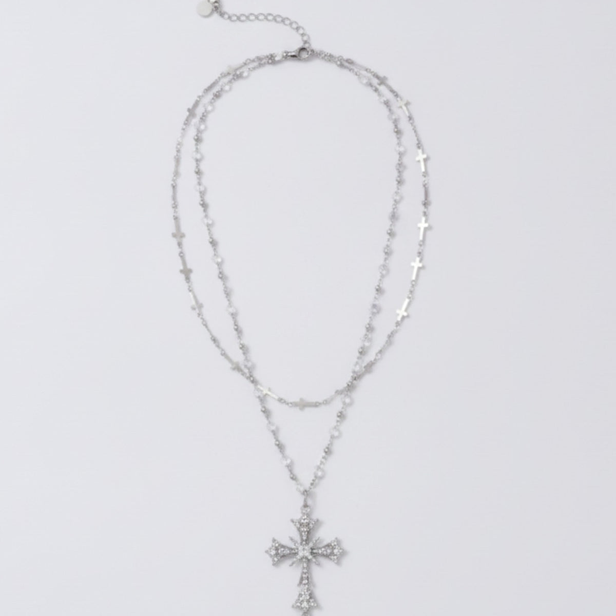 Layered Cross Crystal Pendant Necklace - Silver
