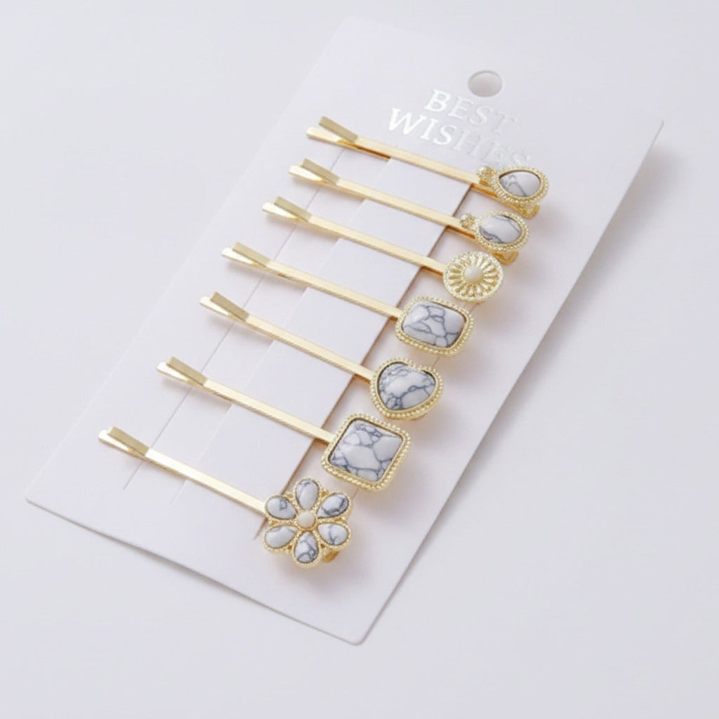 Marble Stone Gold Hair Clips Flower Charm Set – hair accessories (view 1)