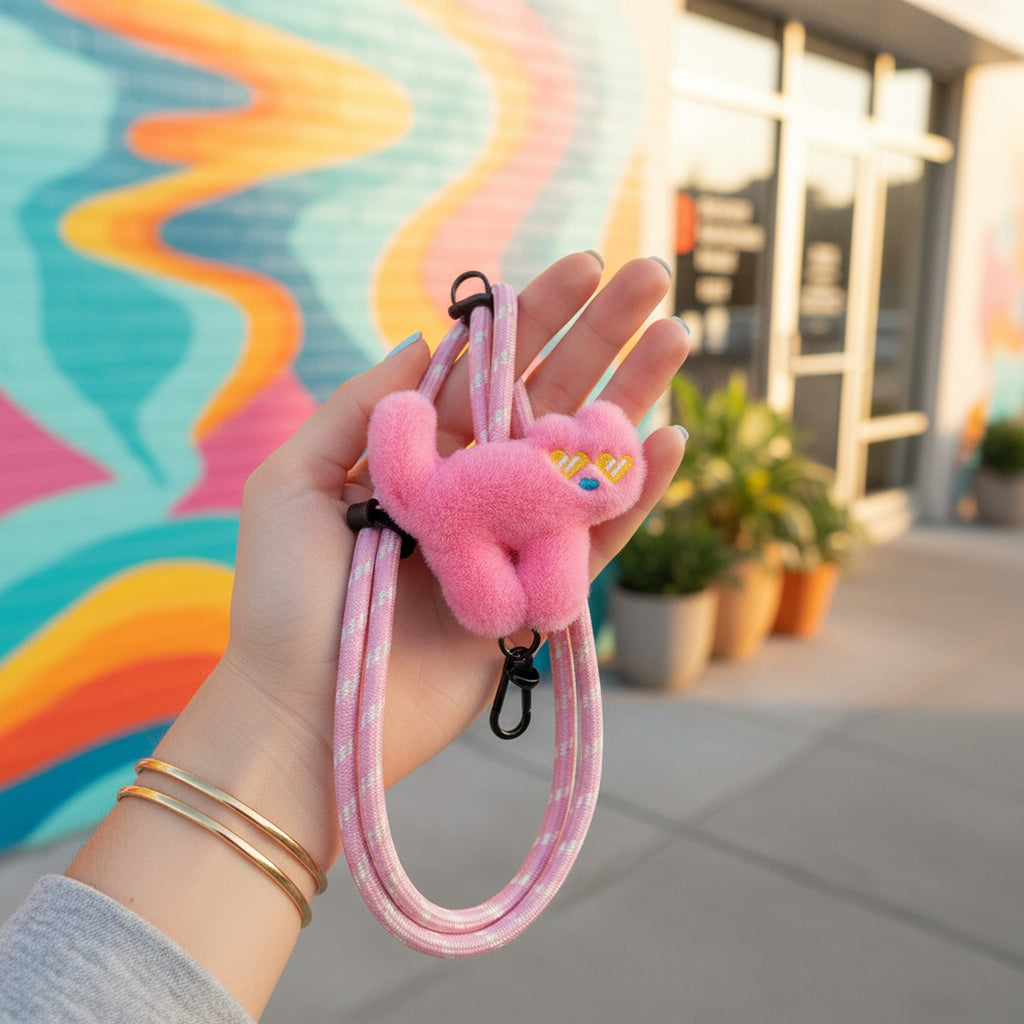 Pink Fuzzy Cat Phone Charm Keychain