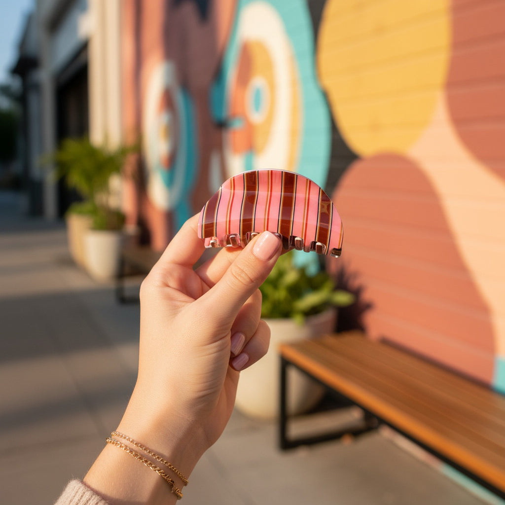 Pink Striped Metal Claw Hair Clip