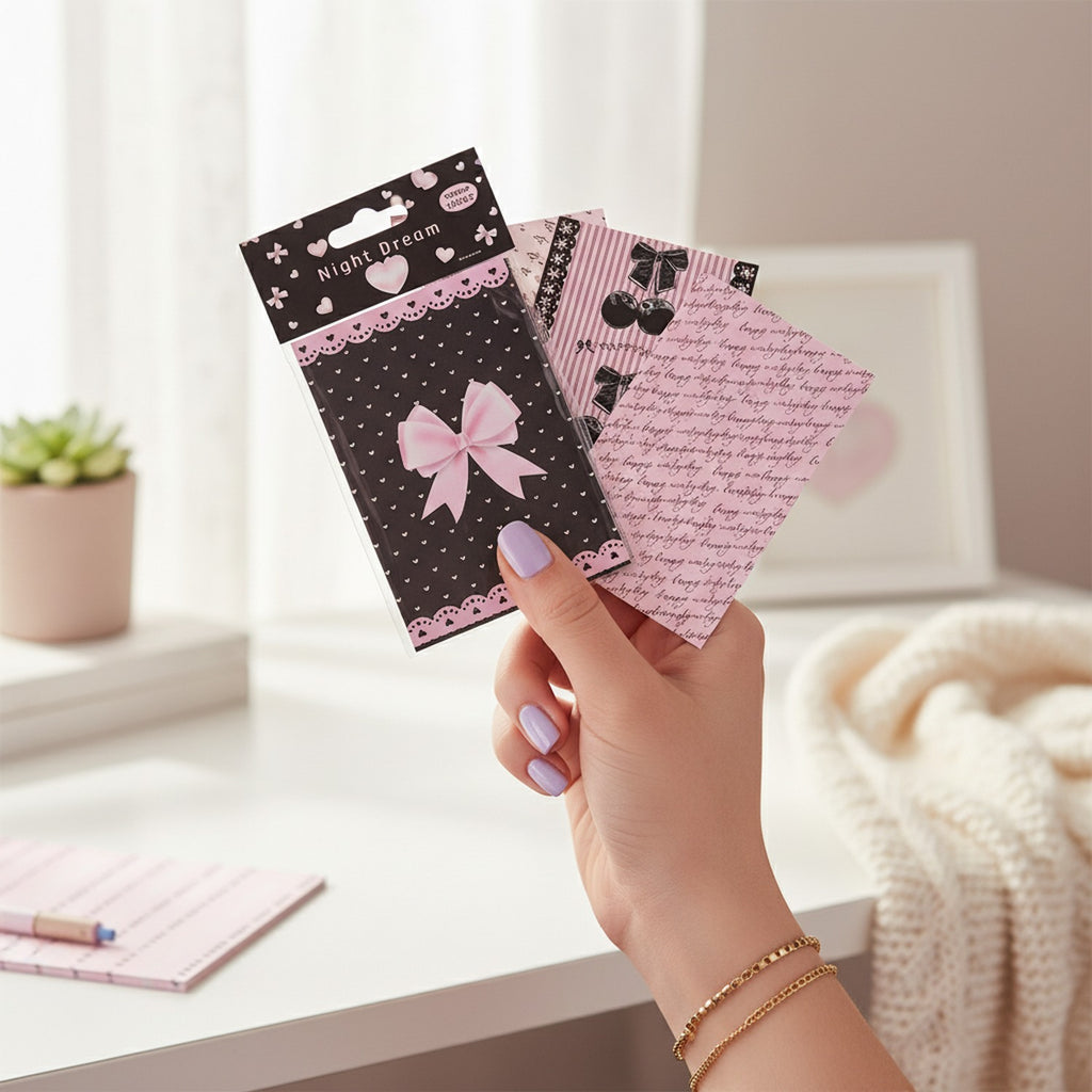 Pink Bow Heart Pattern Black Notepad
