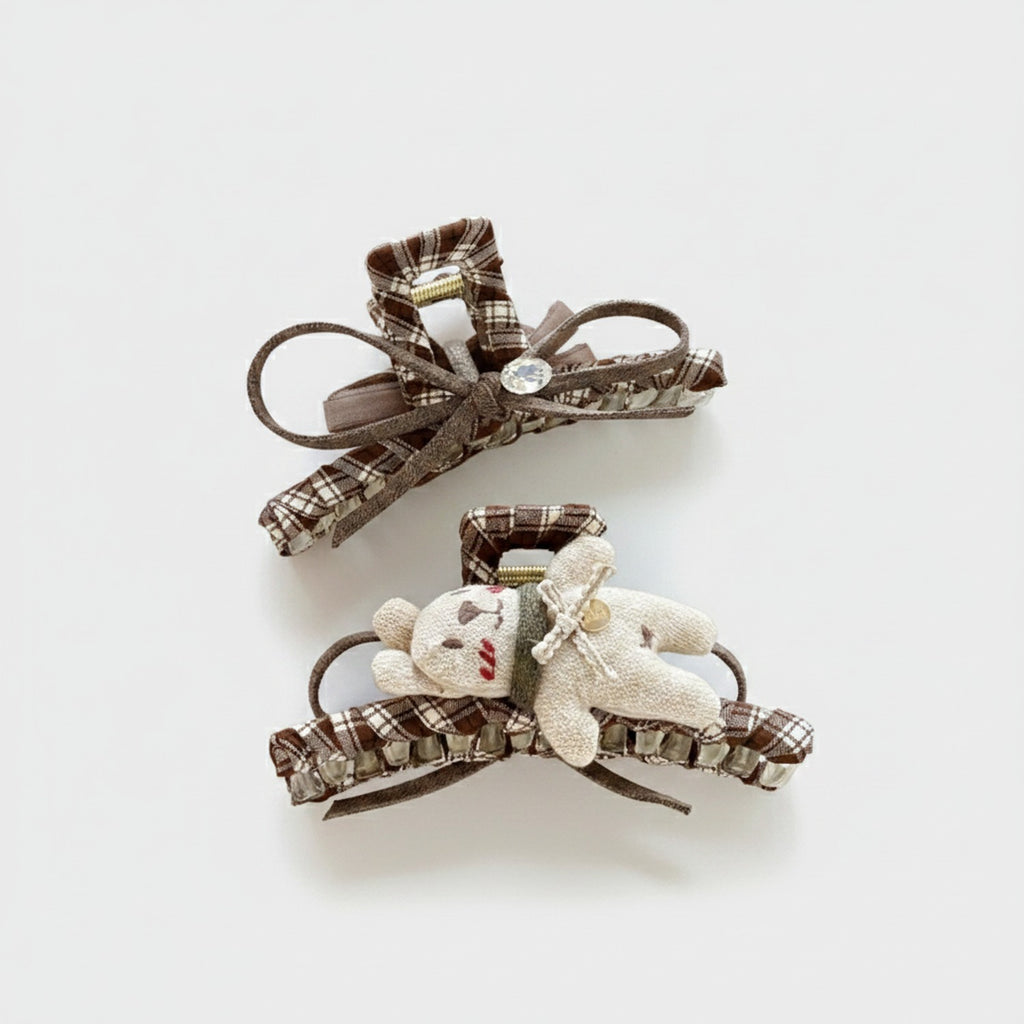 Brown Plaid Hair Claws With Teddy Bear Charm
