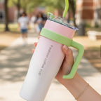 Pink and Green Color-Block Tumbler Cup with Straw