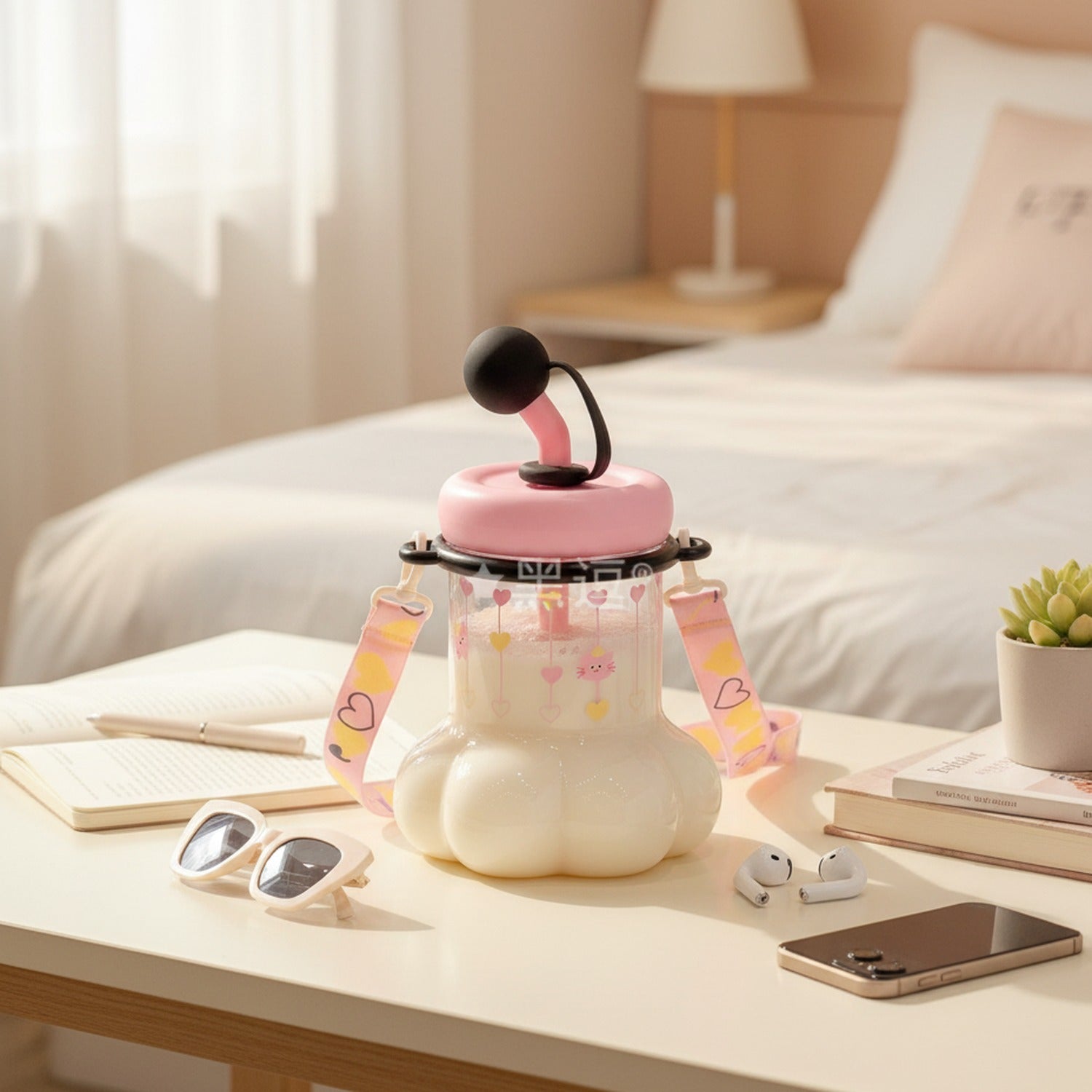Pink Cloud Tumbler With Heart Charm Handles