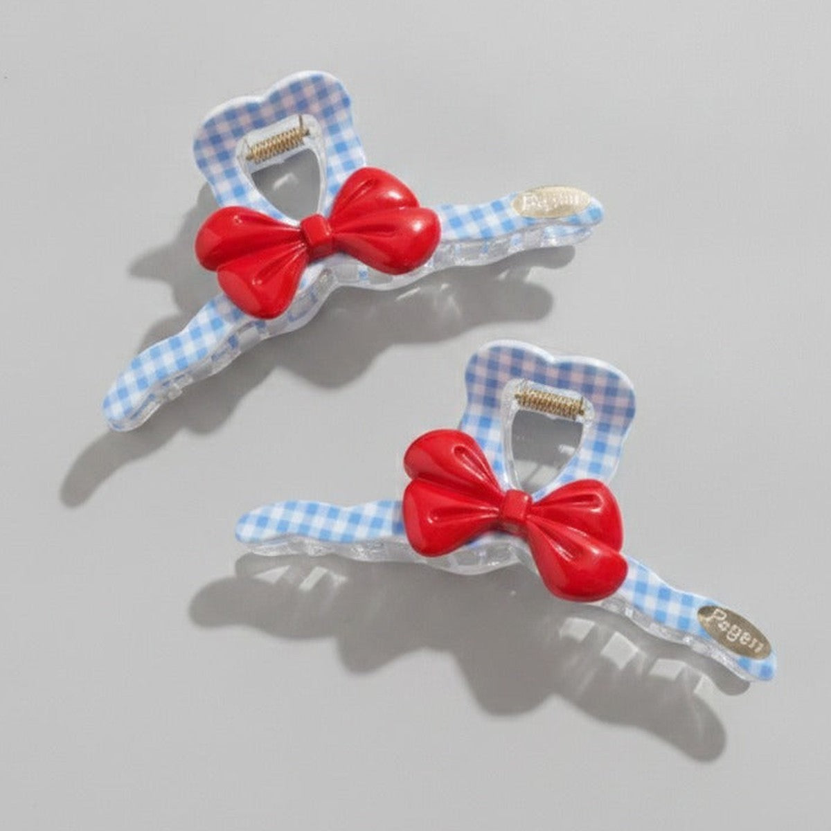 Blue Gingham Hair Claw With Red Bow – hair accessories (view 1)
