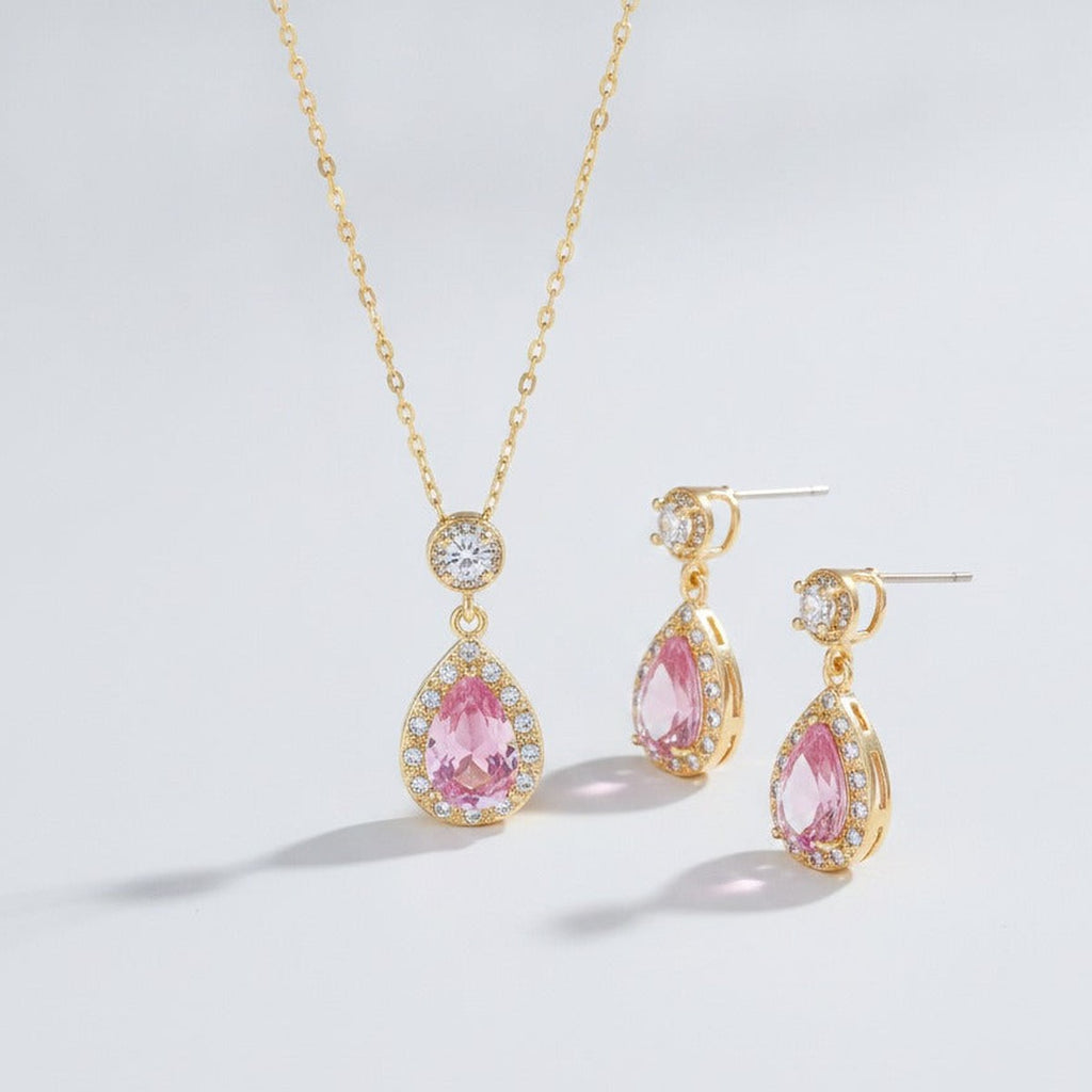 Pink Crystal Drop Jewelry Duo - Gold