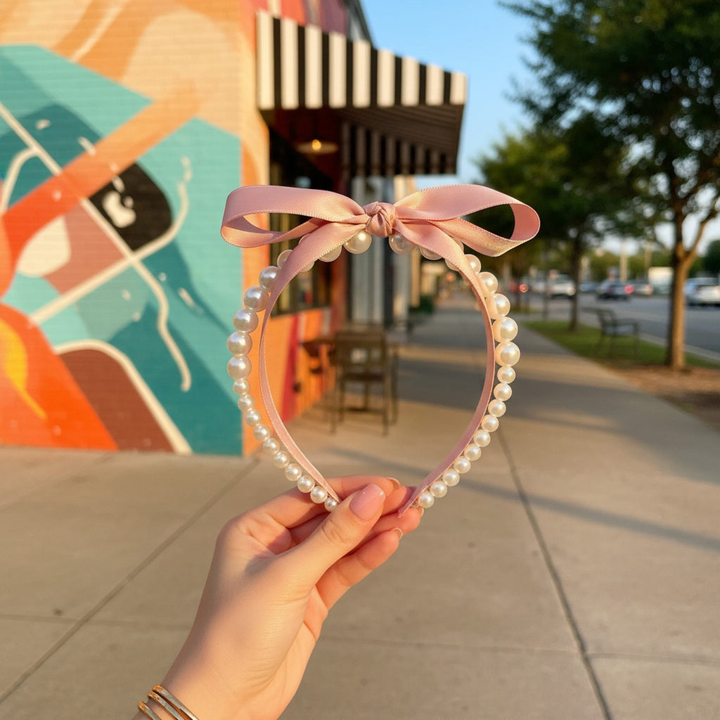 Pearl Beaded Ribbon Bow Headband Pink