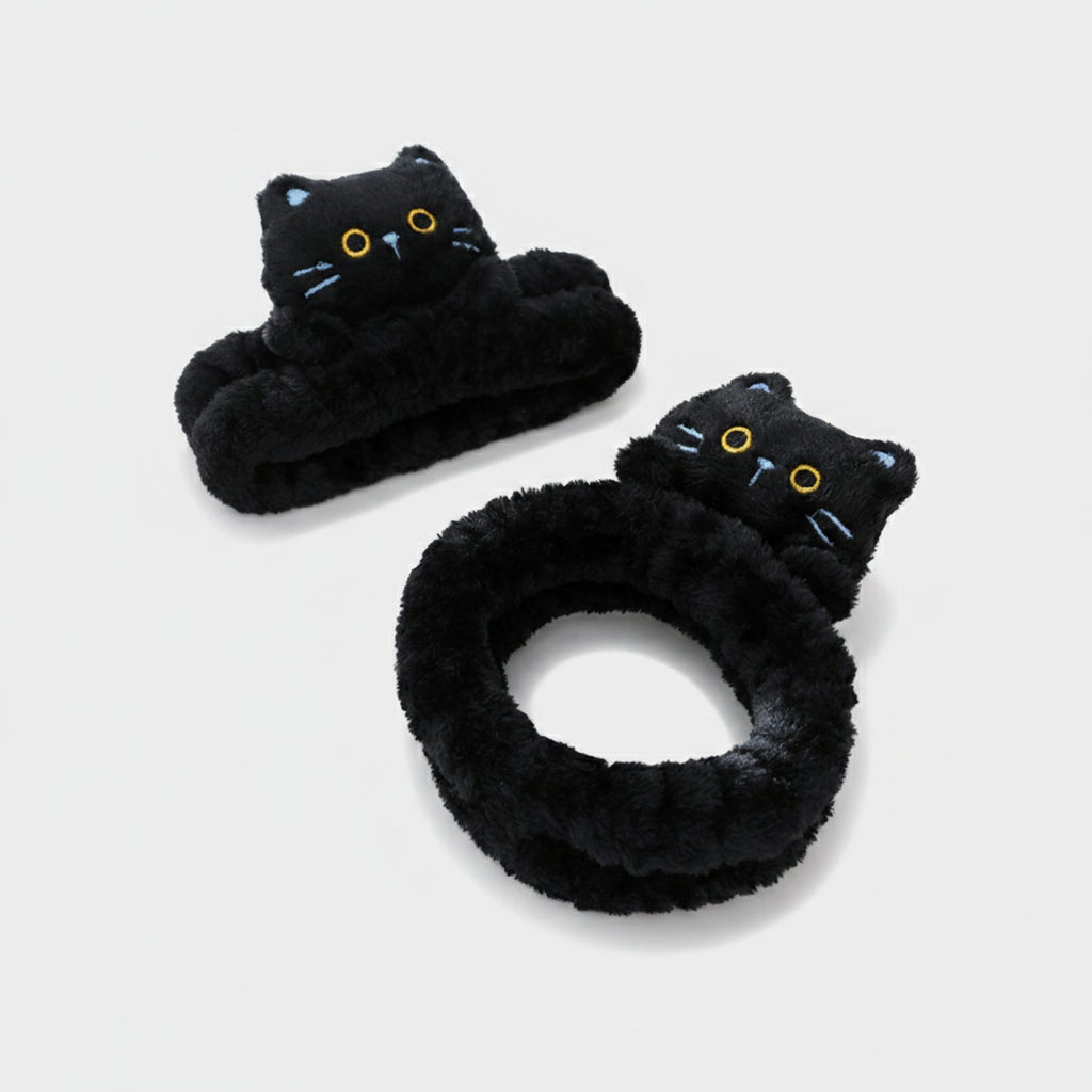 Black Fluffy Cat Hair Clips Set