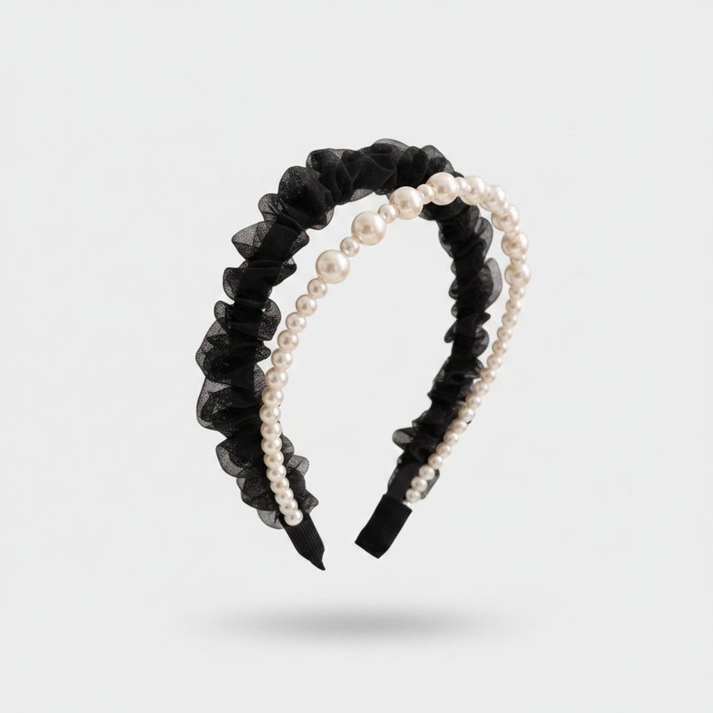 Black Pearl Beaded Ruffle Headband