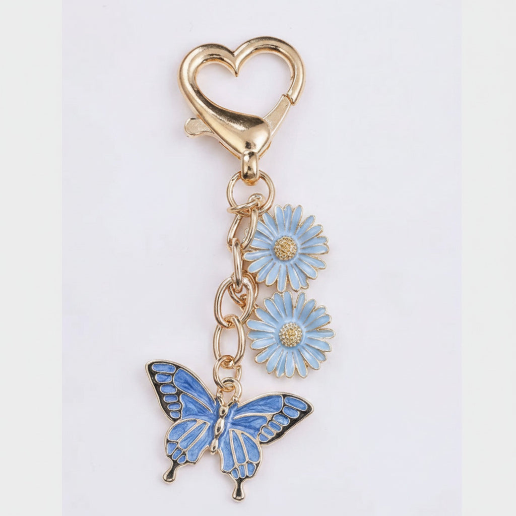 Blue Butterfly Daisy Flower Acrylic Keyring Charm