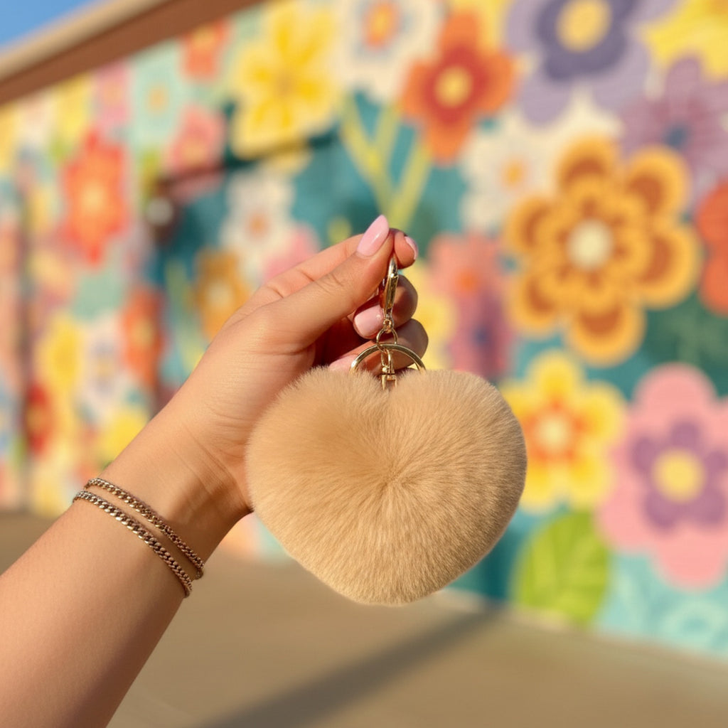 Beige Fuzzy Heart Pom Pom Keychain