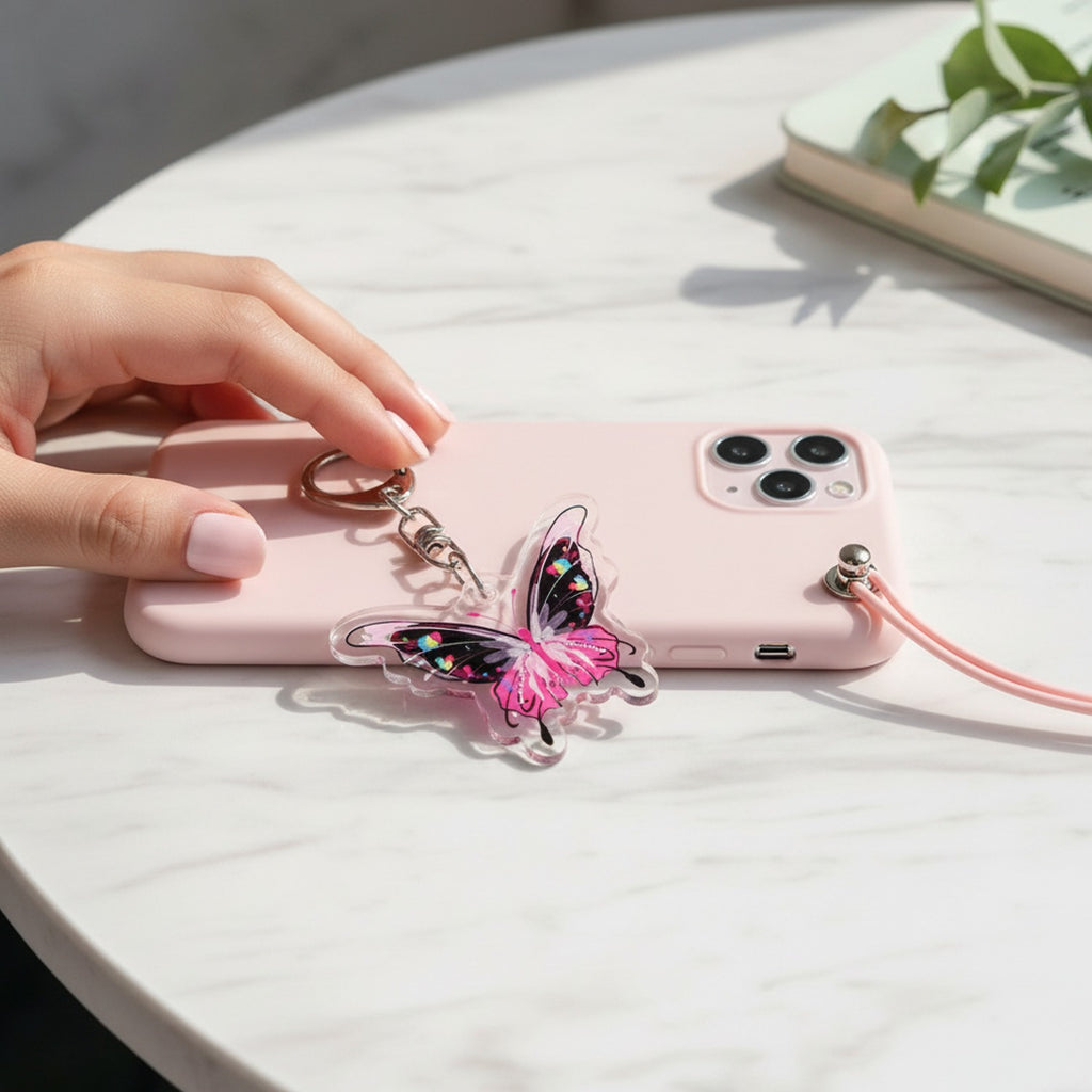 Butterfly Acrylic Keyring Charm Pink Black
