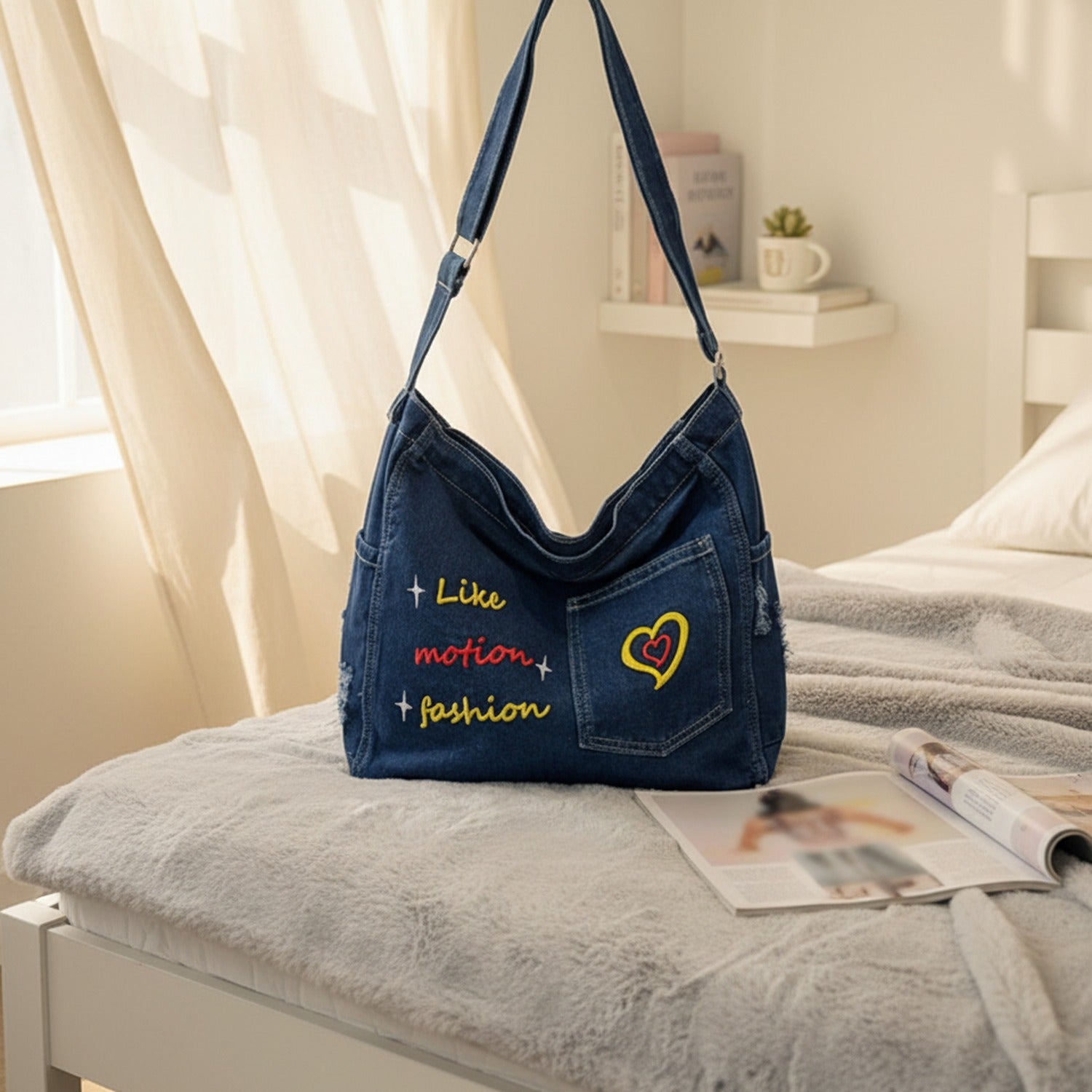 Denim Shoulder Tote with Embroidered Heart Design