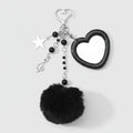 Heart Charm Keychain with Fluffy Pom - Black Pom Pom Keychain