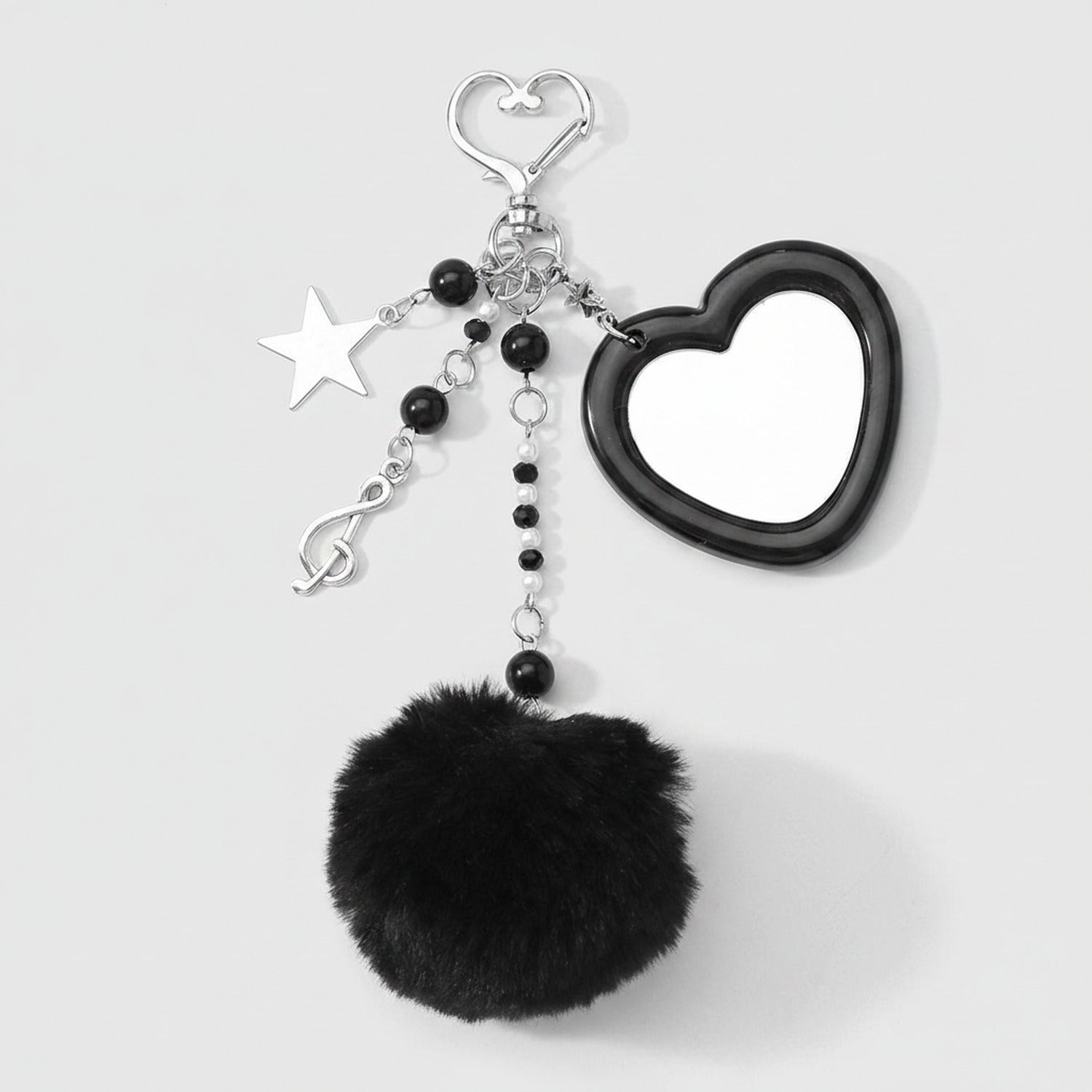 Black Heart Charm Keychain with Fluffy Pom - Black Pom Pom Keychain