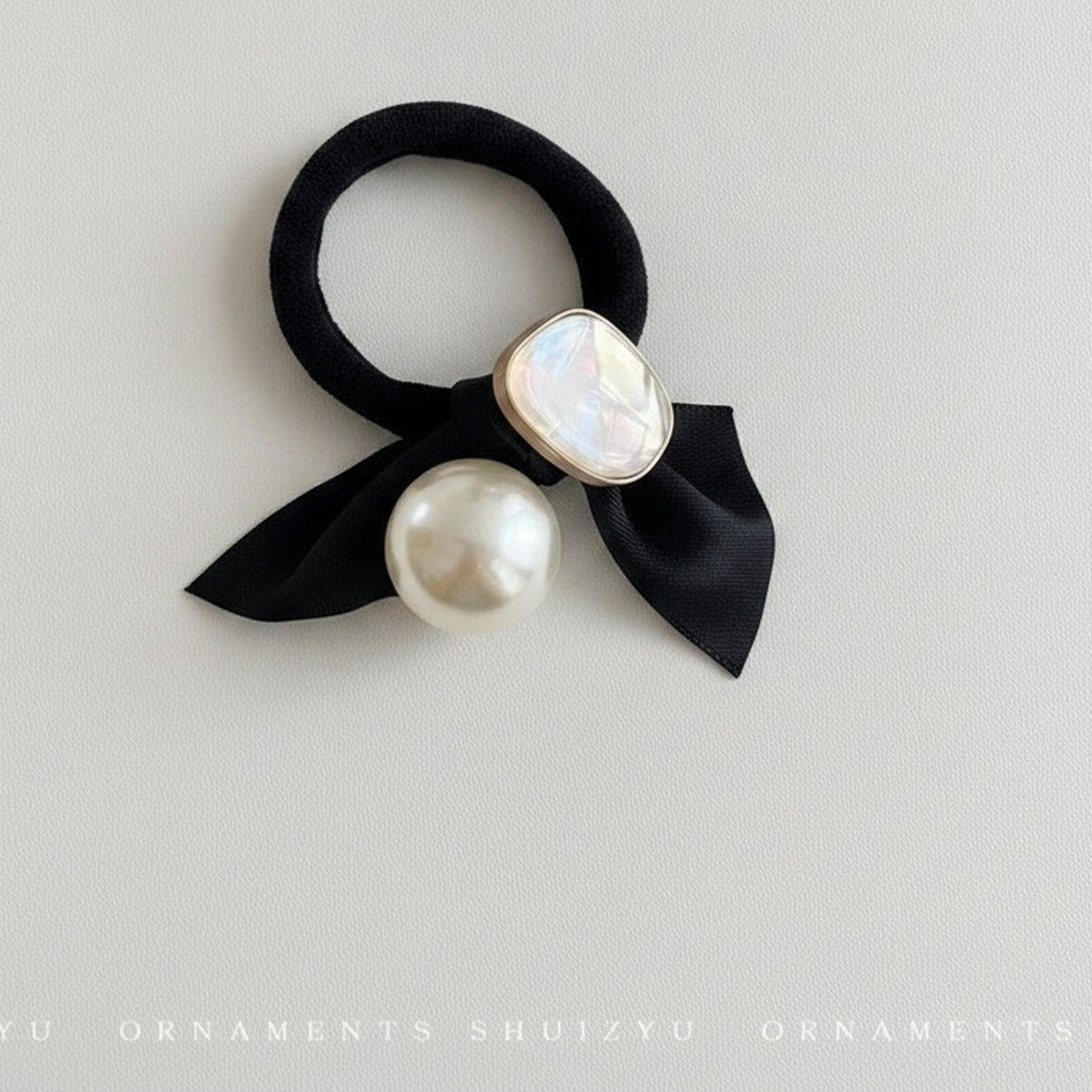 Pearl And Opal Stone Black Ribbon Hair Tie – hair accessories (view 1)