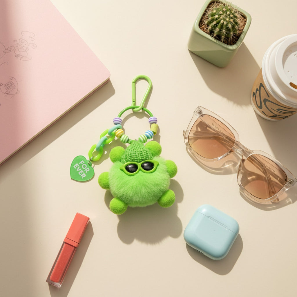 Lime Green Fuzzy Monster Acrylic Keyring With Beaded Chain
