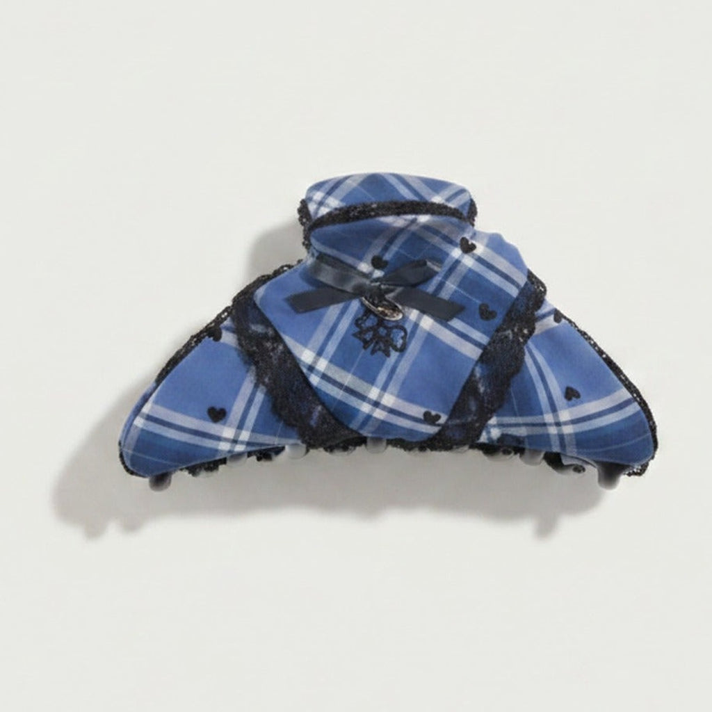 Blue Plaid Hair Claw With Black Lace Trim – hair accessories (view 1)