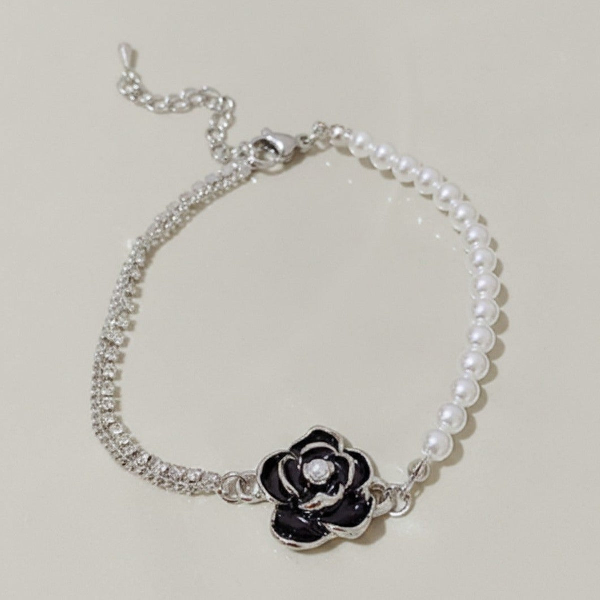 Rose Pearl Beaded Chain Bracelet - SW-S377 Black – jewelry (view 1)