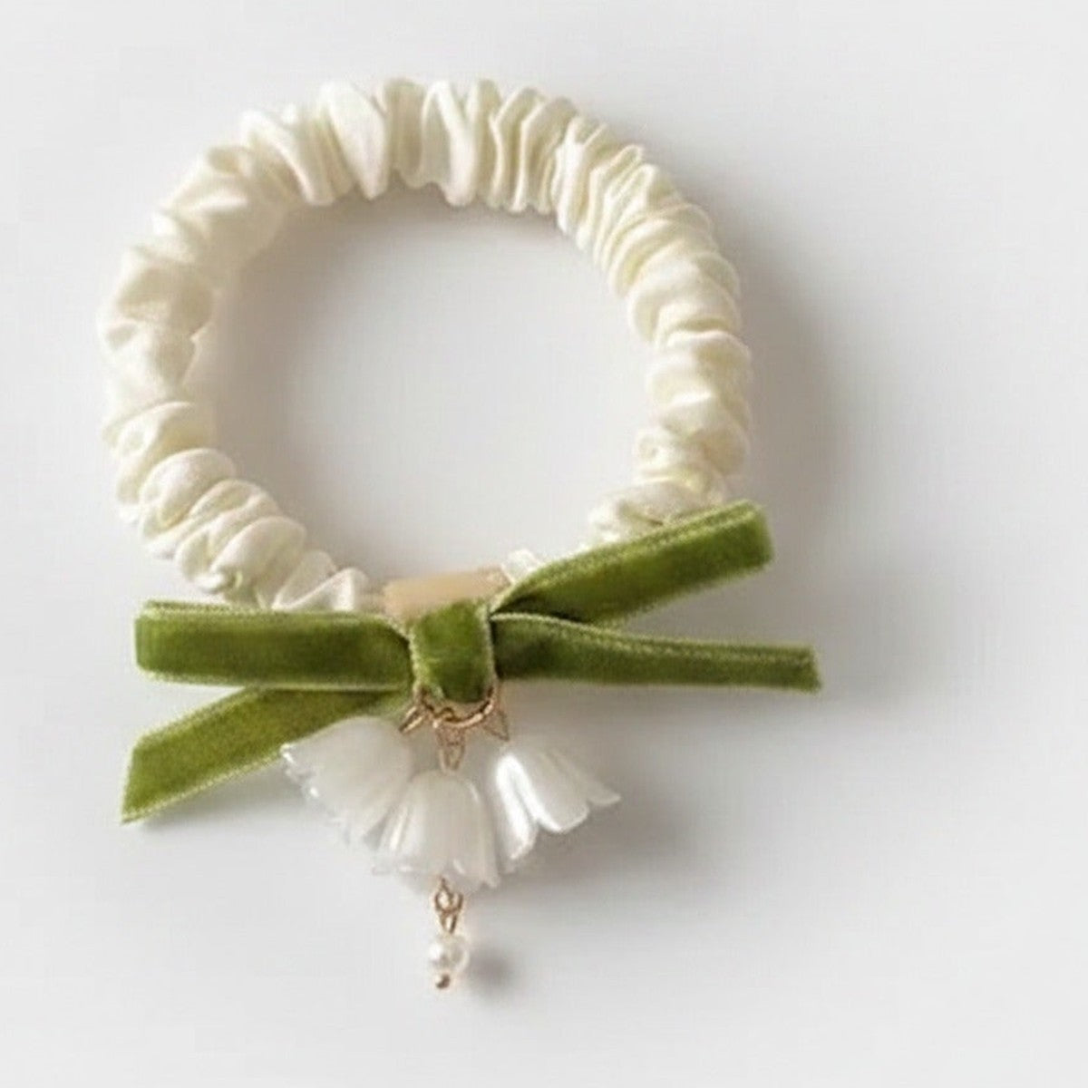Cream Velvet Scrunchie With Green Bow And Pearl Charm – hair accessories