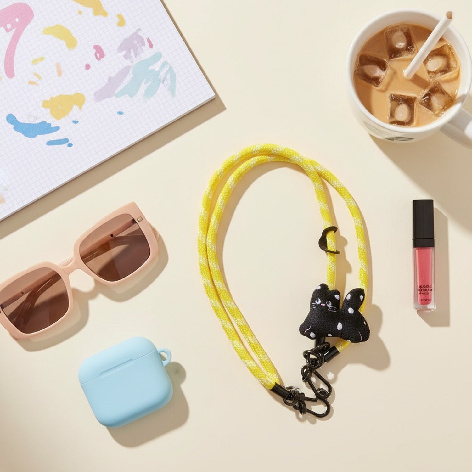 Yellow Rope Black Cat Charm Phone Strap