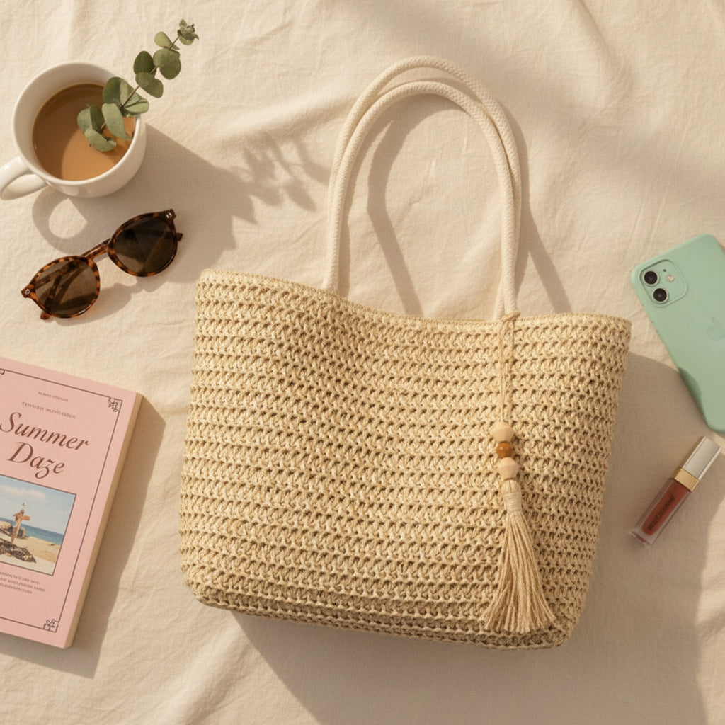 Woven Straw Tote Bag With Tassel Detail