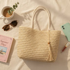 Woven Straw Tote Bag With Tassel Detail